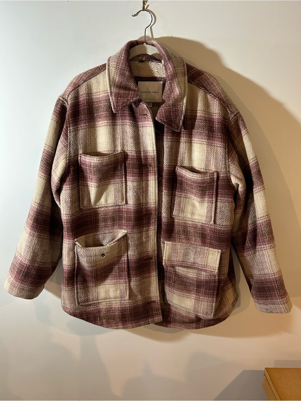 American Eagle Outfitters Cream and Mauve Plaid Shirt Jacket